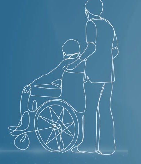 Ilustración en línea continua de un hijo cuidando a su padre en silla de ruedas